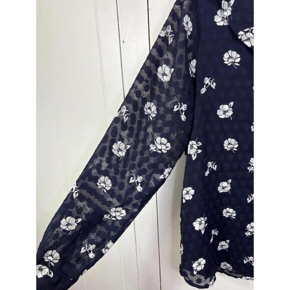 Ann Taylor Top Womens Large Ruffle V Neck Button Up Sheer Sleeve Navy Floral - Picture 6 of 11